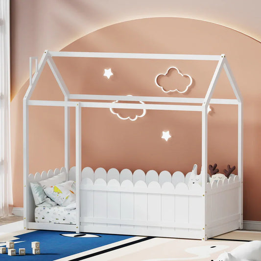 Artiss Bed Frame Wooden Kids House Single Frame White KORI - Mekamart Australia
