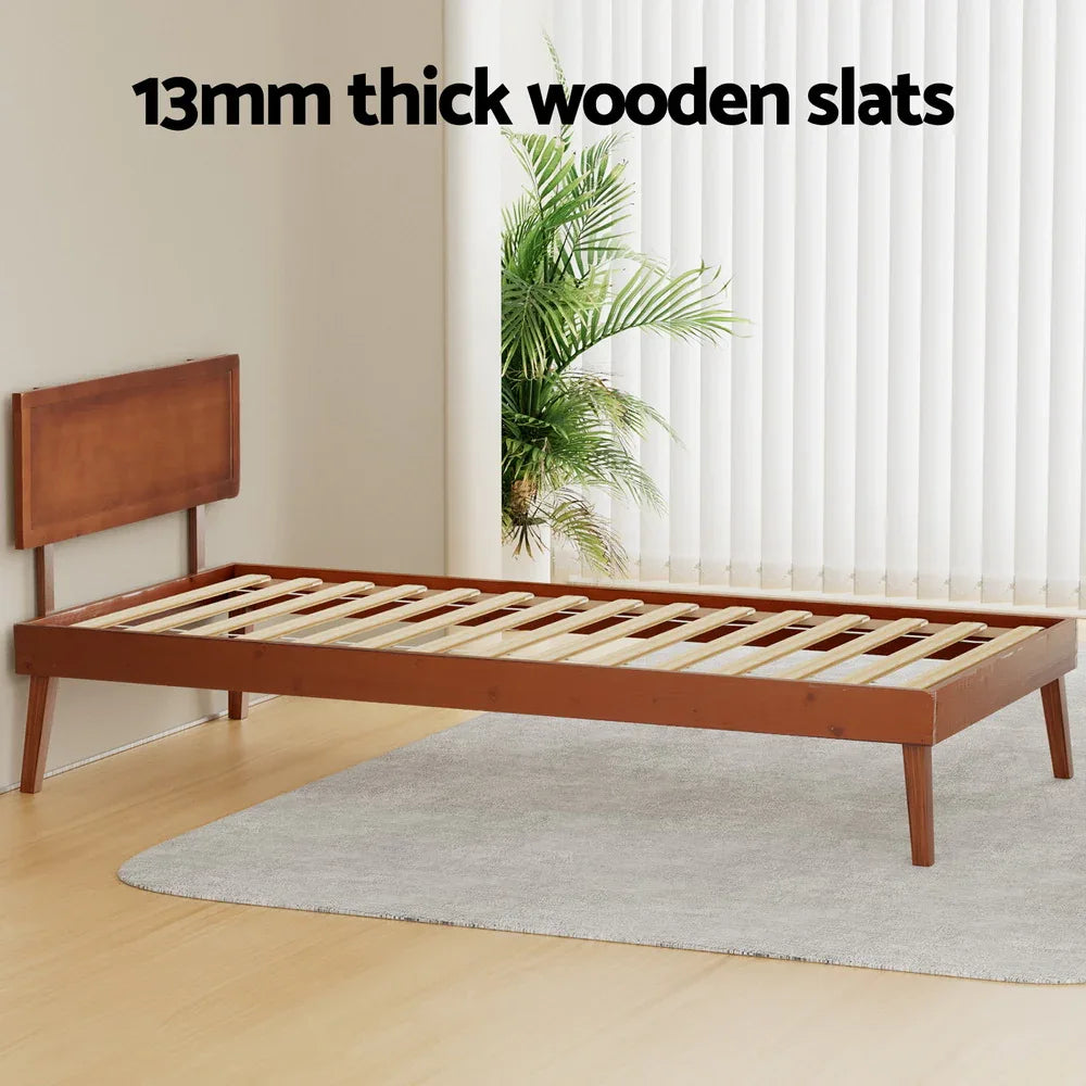 Artiss Bed Frame Single Size Wooden Bed Base Walnut SPLAY - Mekamart Australia