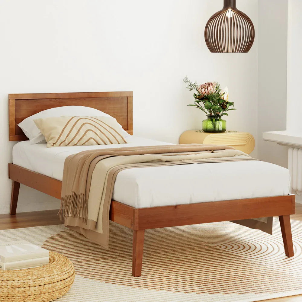 Artiss Bed Frame Single Size Wooden Bed Base Walnut SPLAY - Mekamart Australia