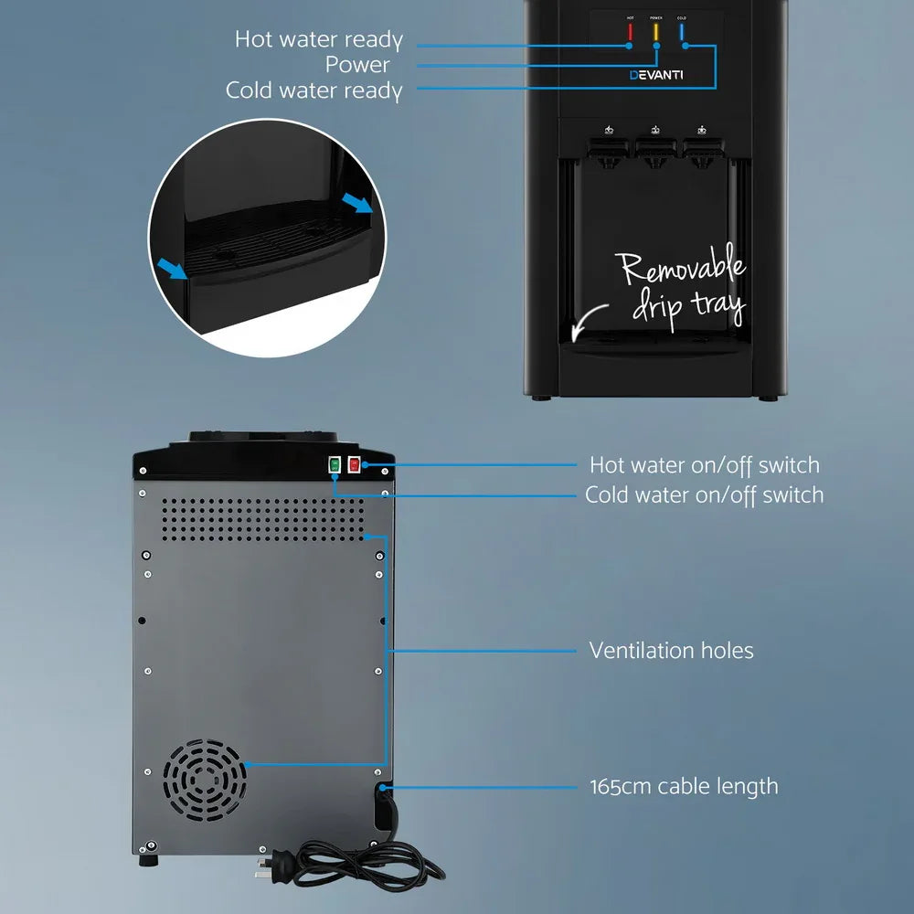 22L Devanti Water Cooler Dispenser Bench Top 3 Taps Chiller Filter Purifier Three Taps Balck - Mekamart Australia