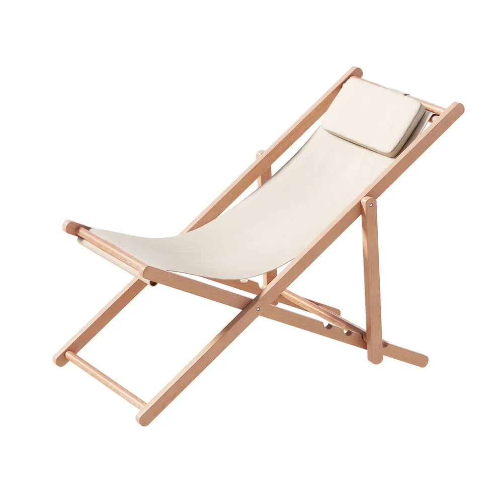 Gardeon Outdoor Deck Chair Wooden Sun Lounge Folding Beach Patio Furniture Beige - Mekamart Australia