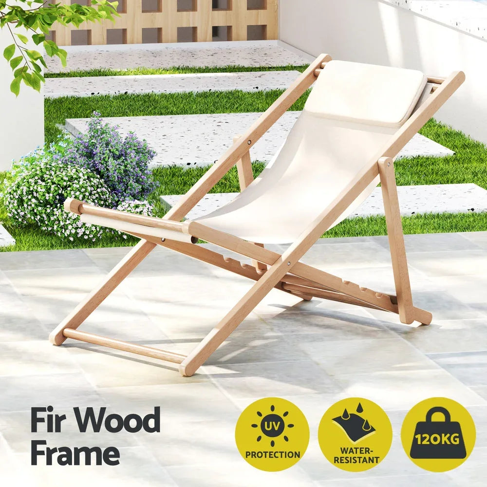 Gardeon Outdoor Deck Chair Wooden Sun Lounge Folding Beach Patio Furniture Beige - Mekamart Australia