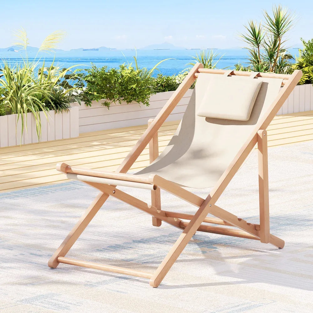 Gardeon Outdoor Deck Chair Wooden Sun Lounge Folding Beach Patio Furniture Beige - Mekamart Australia