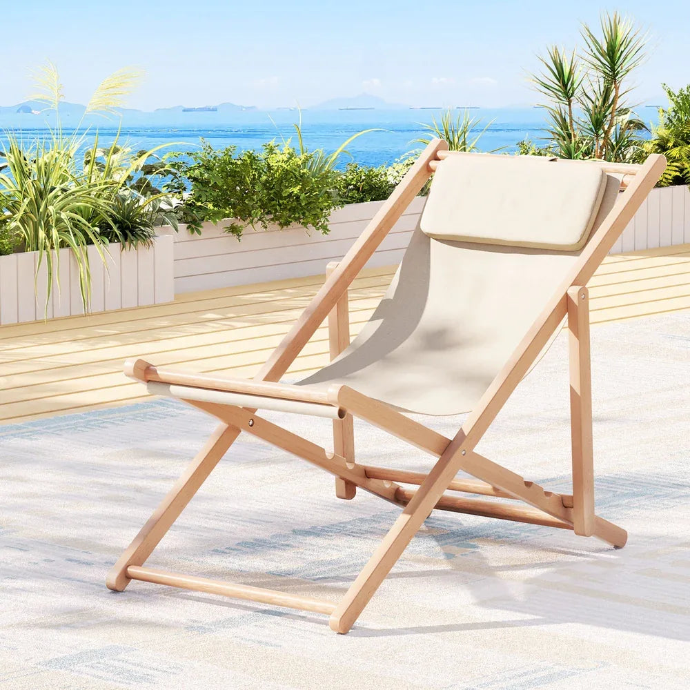 Gardeon Outdoor Deck Chair Wooden Sun Lounge Folding Beach Patio Furniture Beige - Mekamart Australia