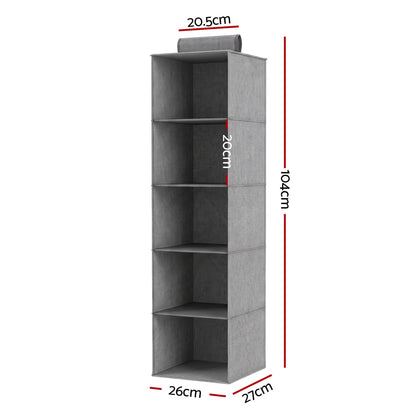 Artiss Hanging Closet Organiser 5 Tier Wardrobe Storage Grey 104cm