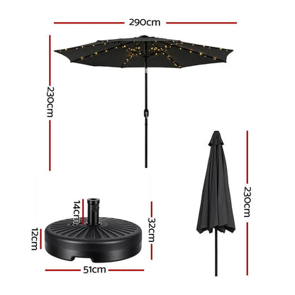 Instahut Outdoor Umbrella 2.9m Market Umbrella with Base String Light Black - Mekamart Australia