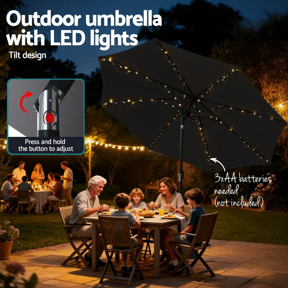 Instahut Outdoor Umbrella 2.9m Market Umbrella with Base String Light Black - Mekamart Australia