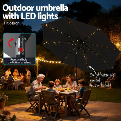 Instahut Outdoor Umbrella 2.9m Market Umbrella with Base String Light Black - Mekamart Australia