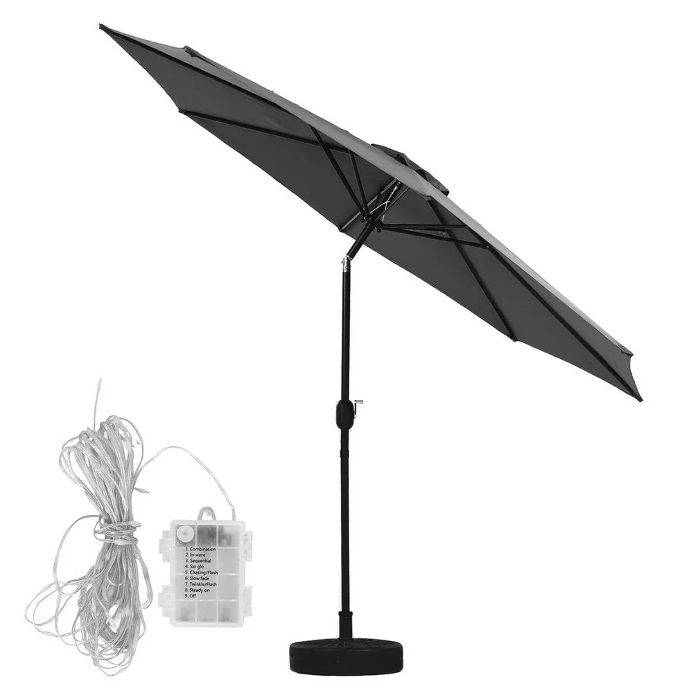 Instahut Outdoor Umbrella 2.9m Market Umbrella with String Light Tilt Charcoal Shade - Mekamart Australia