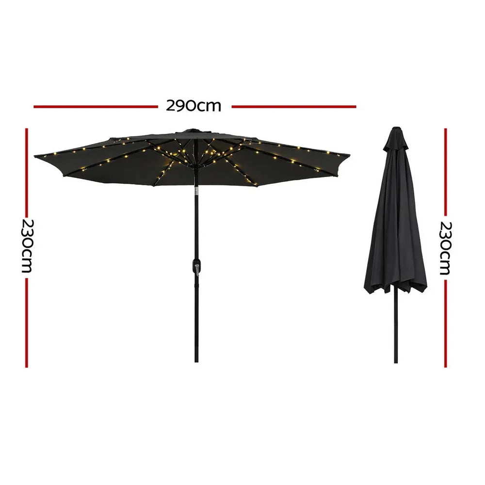 Instahut Outdoor Umbrella 2.9m Market Umbrella with String Light Tilt Black - Mekamart Australia
