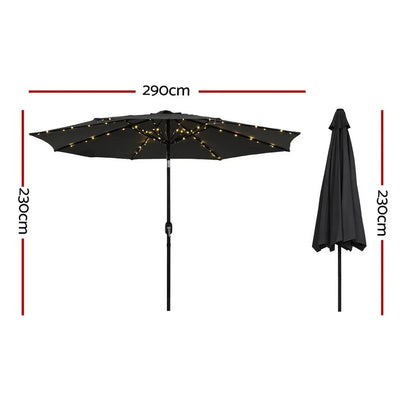 Instahut Outdoor Umbrella 2.9m Market Umbrella with String Light Tilt Black - Mekamart Australia