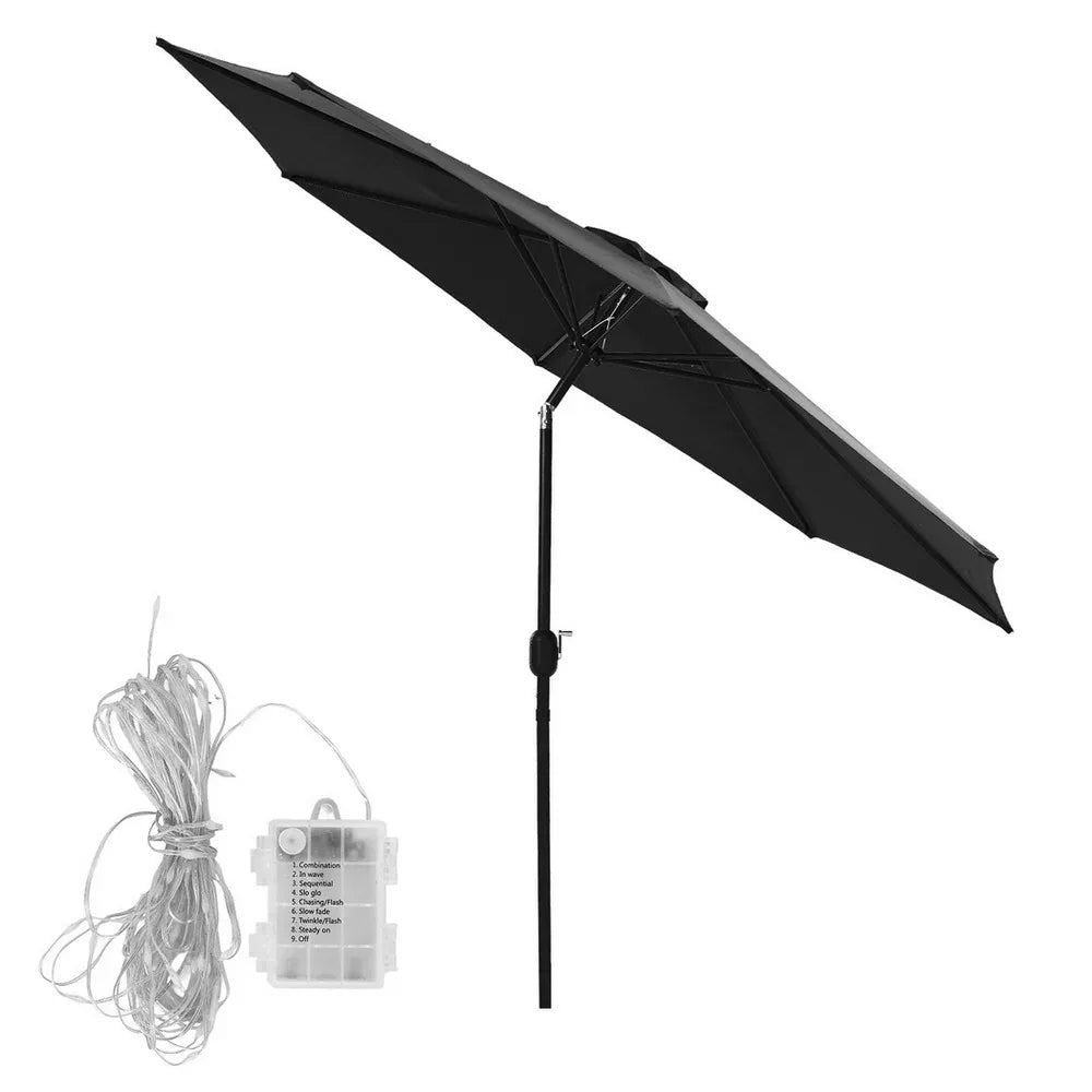 Instahut Outdoor Umbrella 2.9m Market Umbrella with String Light Tilt Black - Mekamart Australia