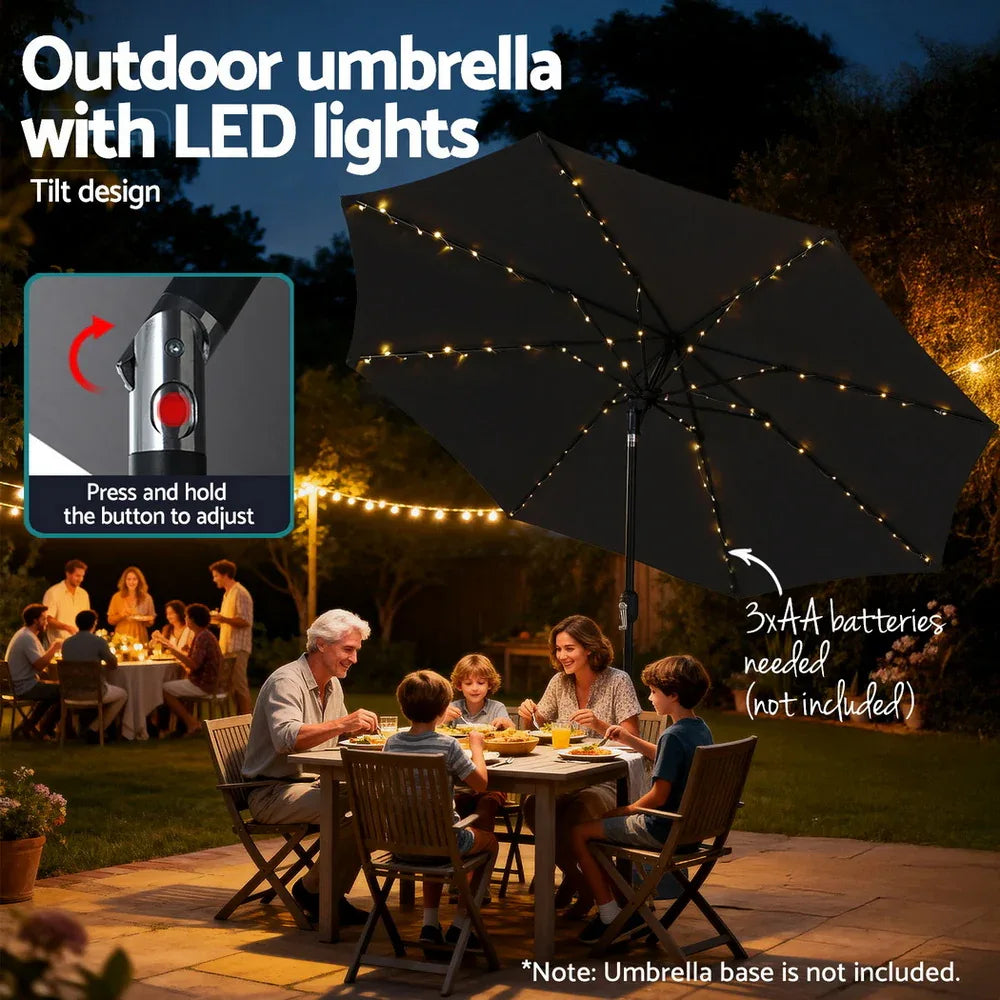 Instahut Outdoor Umbrella 2.9m Market Umbrella with String Light Tilt Black - Mekamart Australia