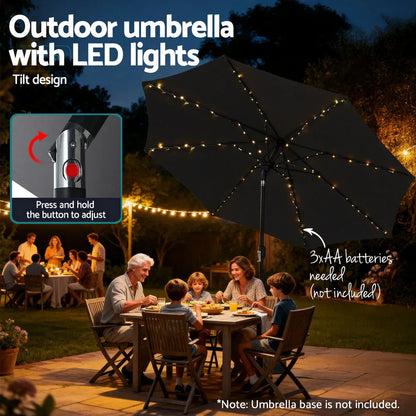 Instahut Outdoor Umbrella 2.9m Market Umbrella with String Light Tilt Black - Mekamart Australia