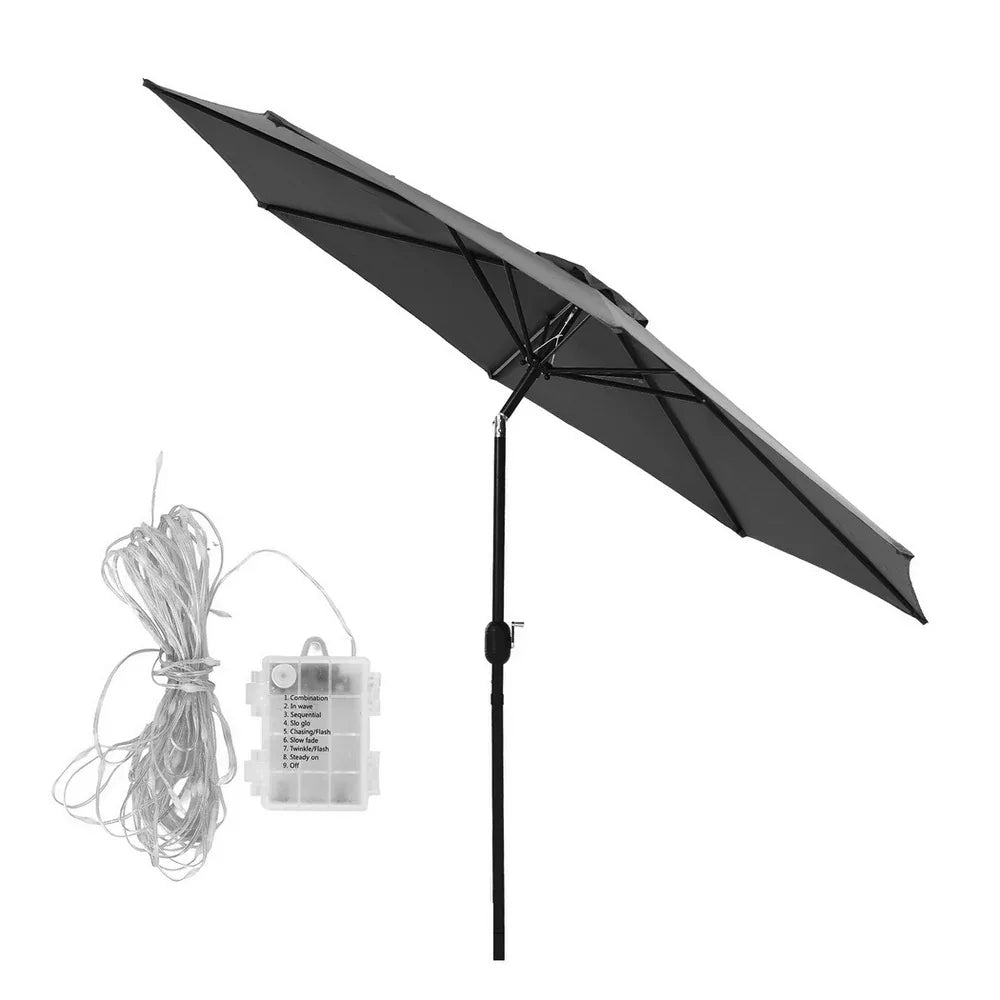 Instahut Outdoor Umbrella 2.9m Market Umbrella with String Light Tilt Charcoal Shade - Mekamart Australia