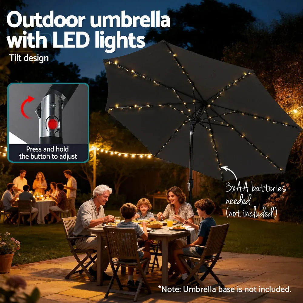 Instahut Outdoor Umbrella 2.9m Market Umbrella with String Light Tilt Charcoal Shade - Mekamart Australia
