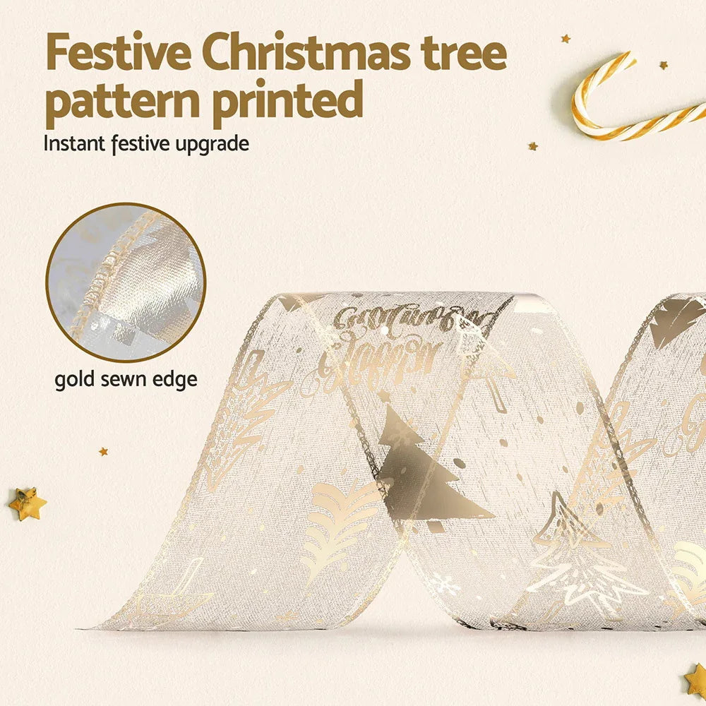 Jingle Jollys 20M Christmas Ribbon Roll Bow Printed Xmas Tree Decor Gift Gold - Mekamart Australia