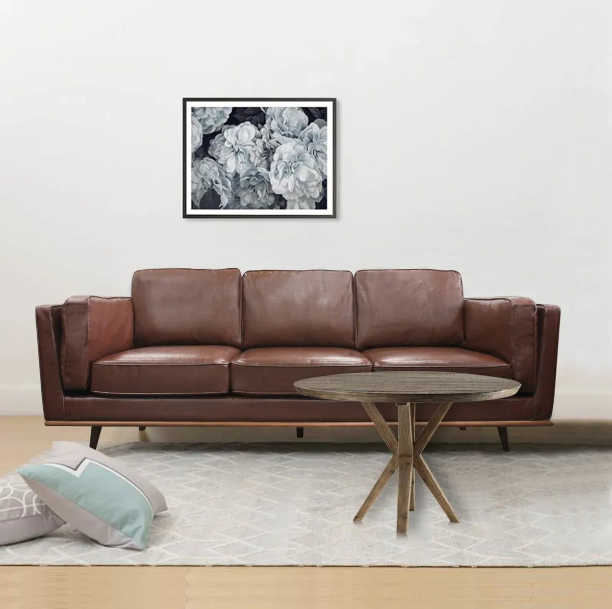 3 Seater Faux Sofa Brown Lounge Set for Living Room Couch with Wooden Frame - Mekamart Australia